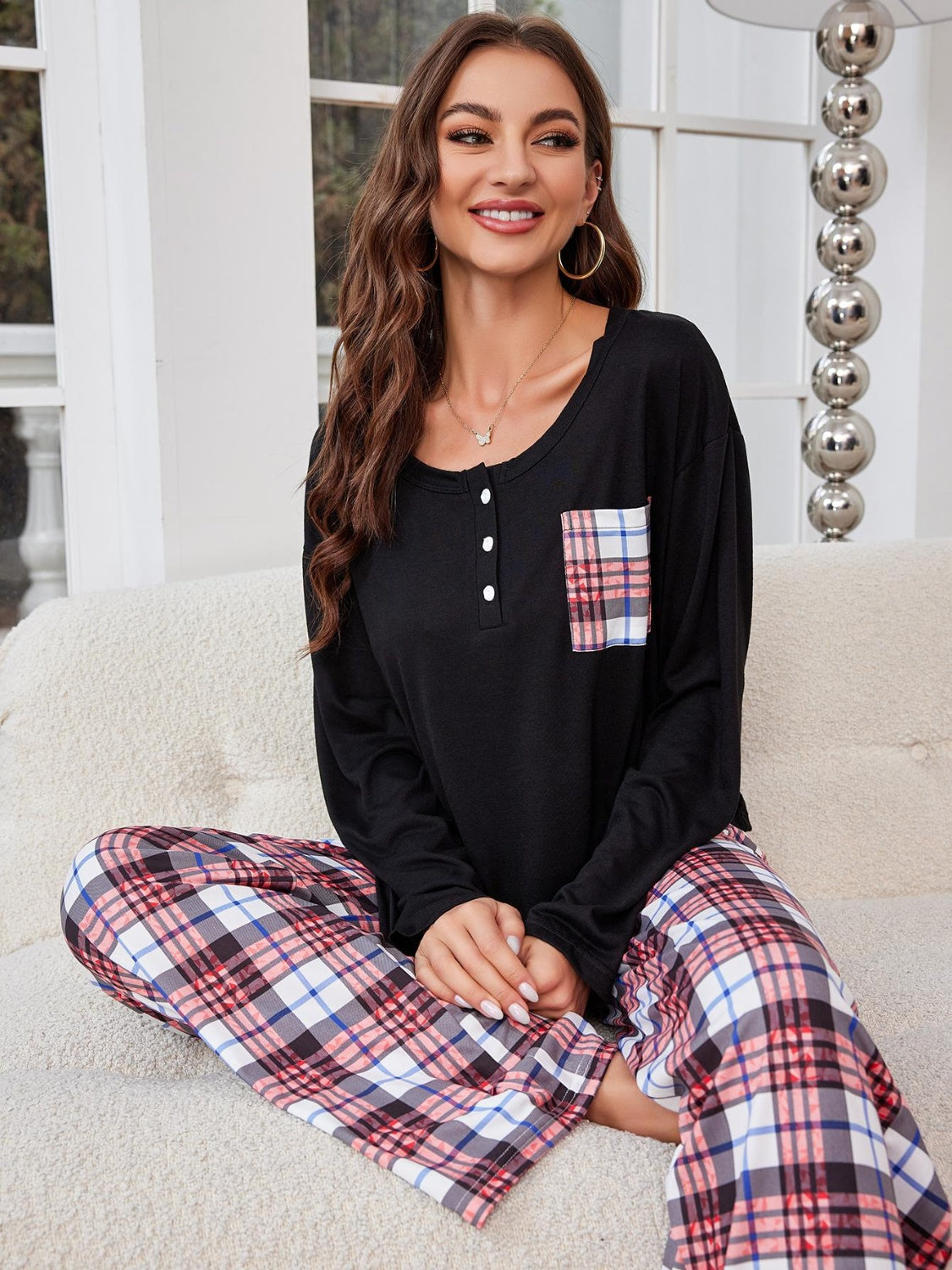 Round Neck Long Sleeve Top and Plaid Pants Lounge Set - Sydney So Sweet