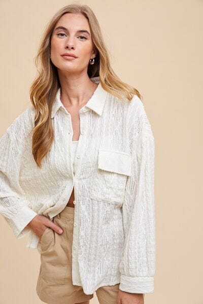 Annie Wear Openwork Button Down Drop Shoulder Shirt - Sydney So Sweet