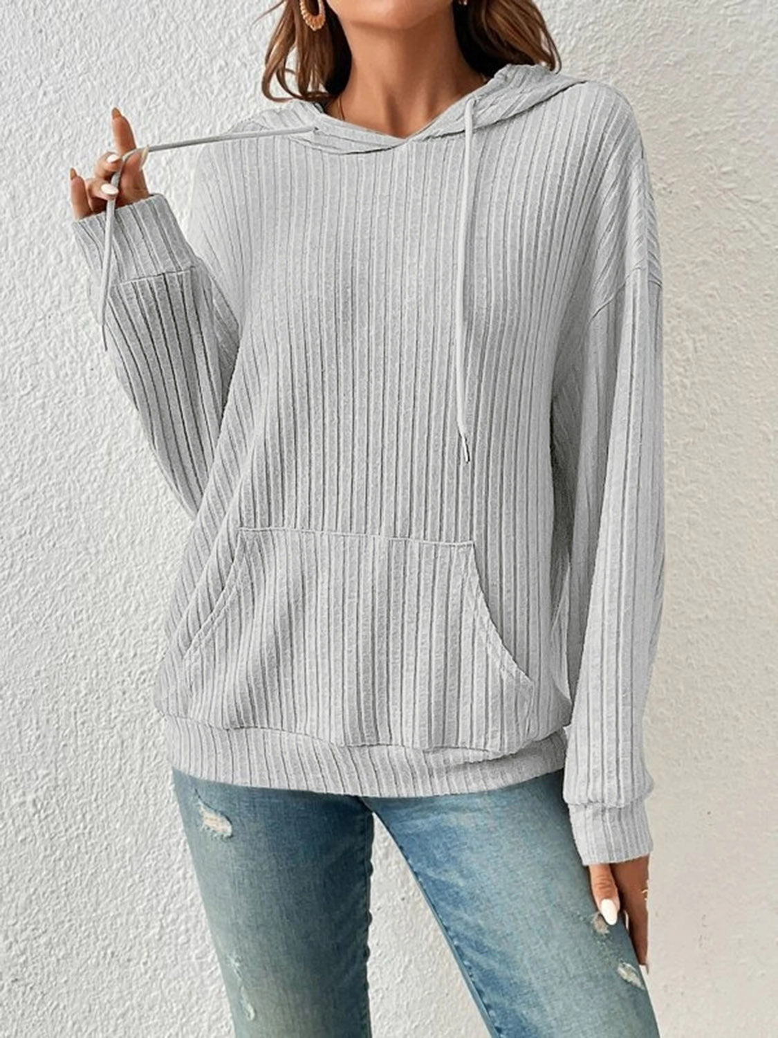 Ribbed Dropped Shoulder Drawstring Hoodie - Sydney So Sweet