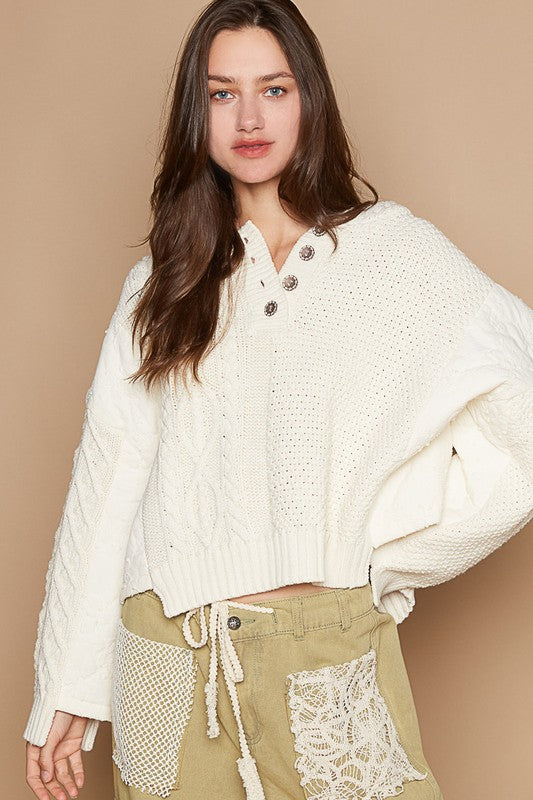 POL Cable-Knit Quarter Button Hooded Sweater - Sydney So Sweet