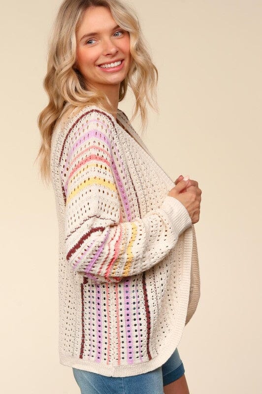 Haptics Full Size Striped Crochet Open Front Cardigan - Sydney So Sweet
