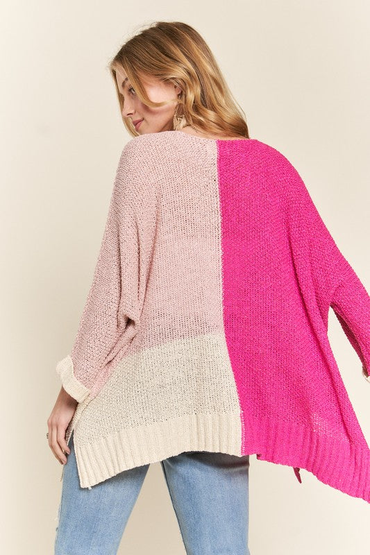 ADORA Side Slit Color Block Long Sleeve Sweater - Sydney So Sweet