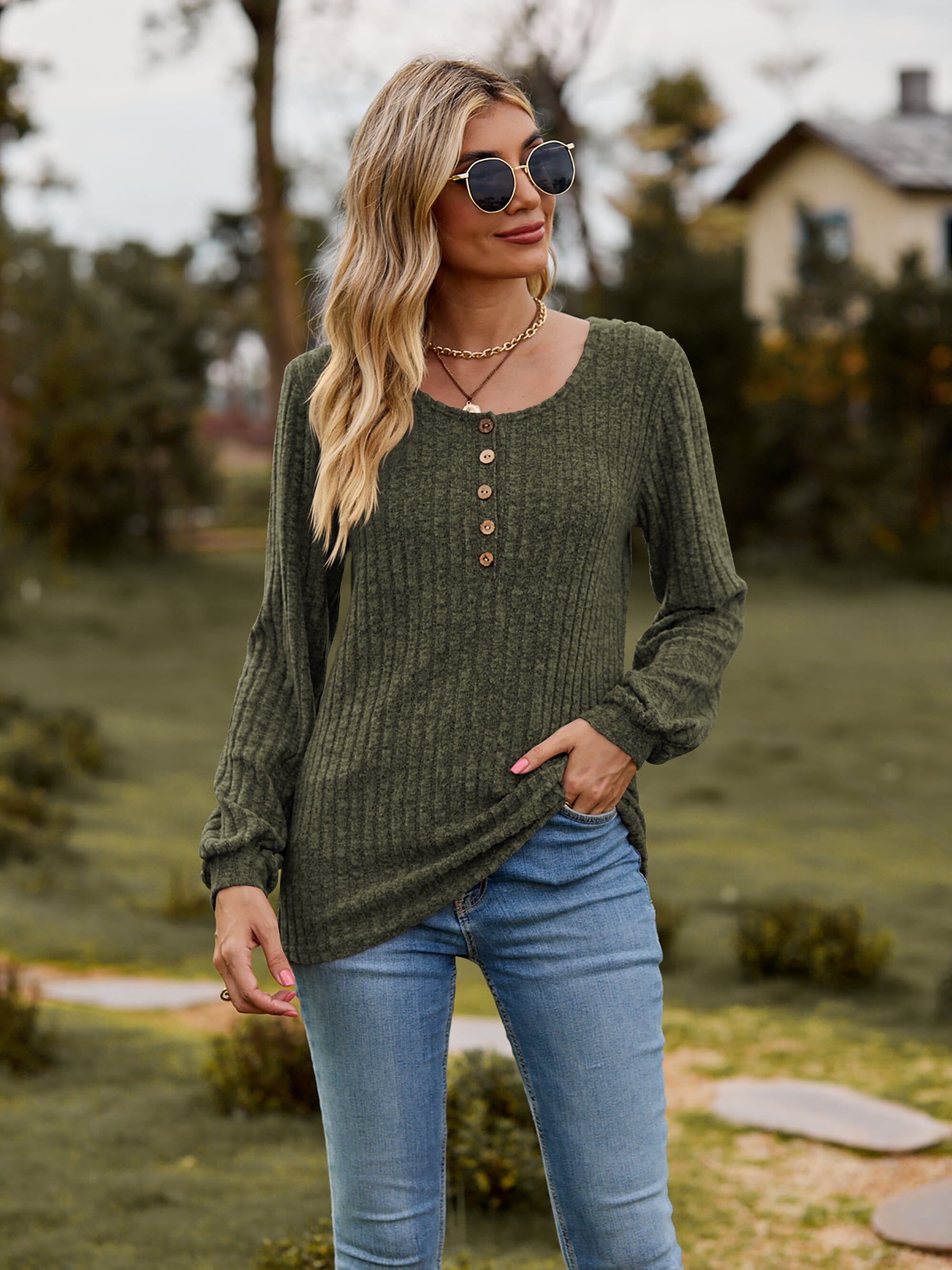 Round Neck Button-Down Long Sleeve Tee - Sydney So Sweet