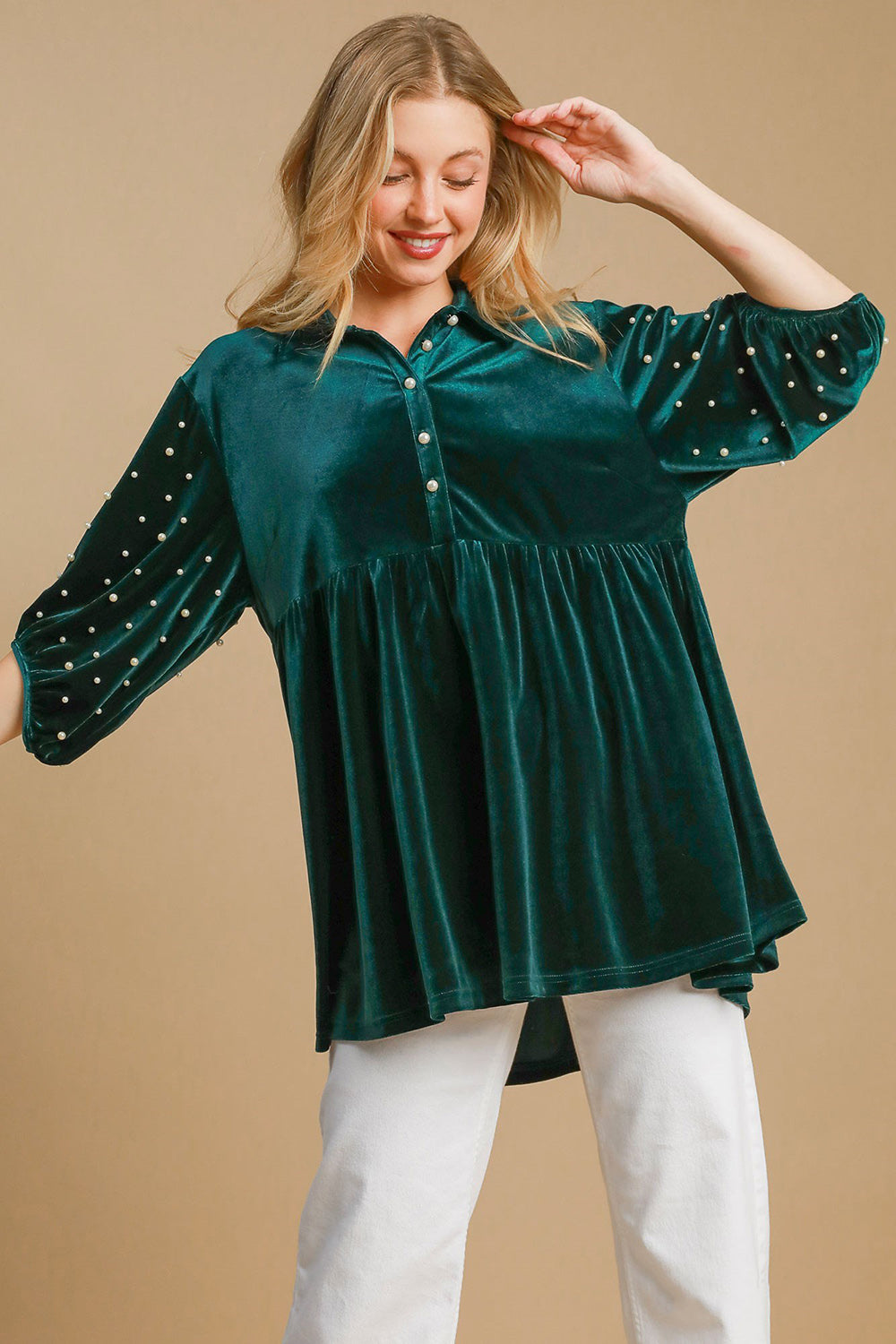 Umgee Pearl Detail Half Sleeve Velvet Babydoll Blouse - Sydney So Sweet