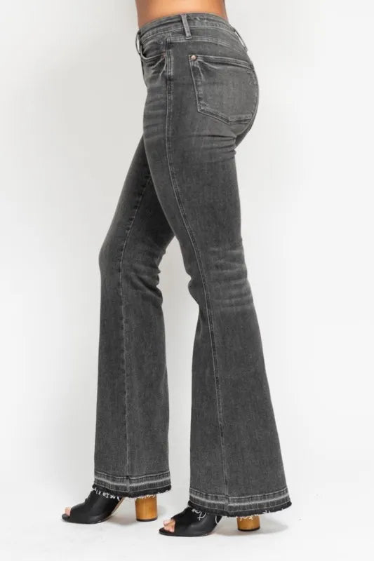 Judy Blue Full Size Mid Rise Tummy Control Washed Gray Release Hem Flare Jeans Plus Size - Sydney So Sweet