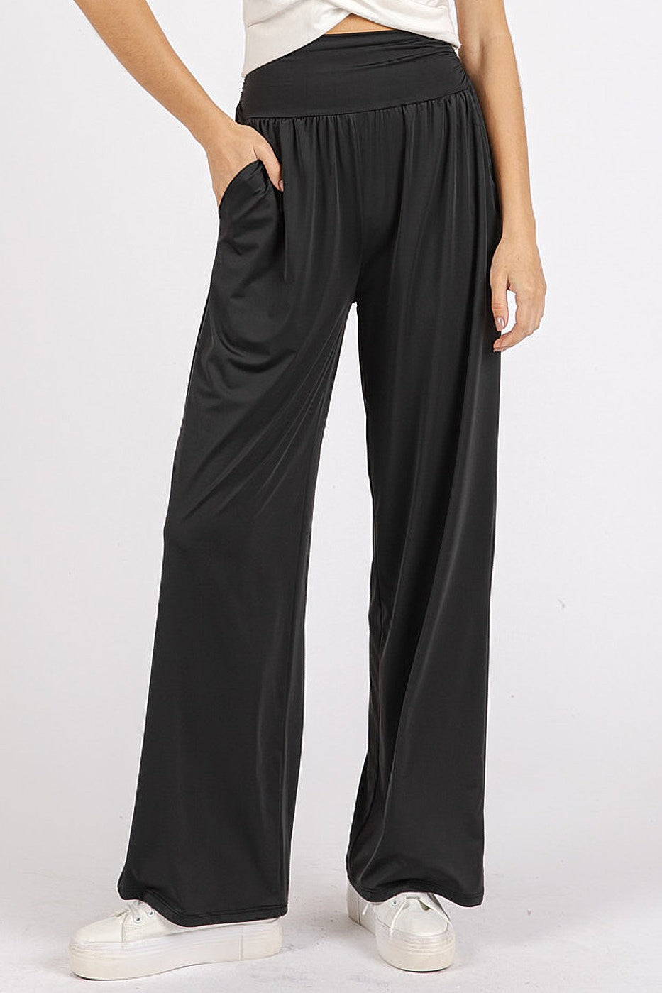 Mittoshop Stretch Banded Waist Wide Leg Pants with Pockets - Sydney So Sweet