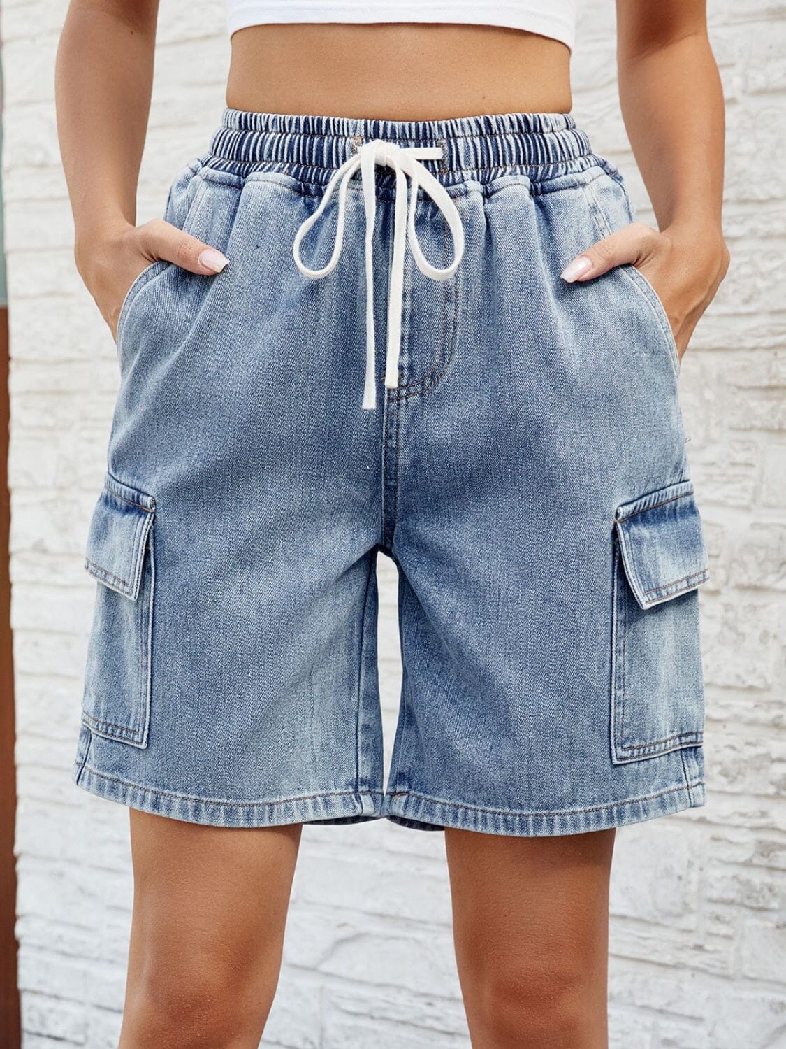 Drawstring Denim Shorts with Pockets - Sydney So Sweet