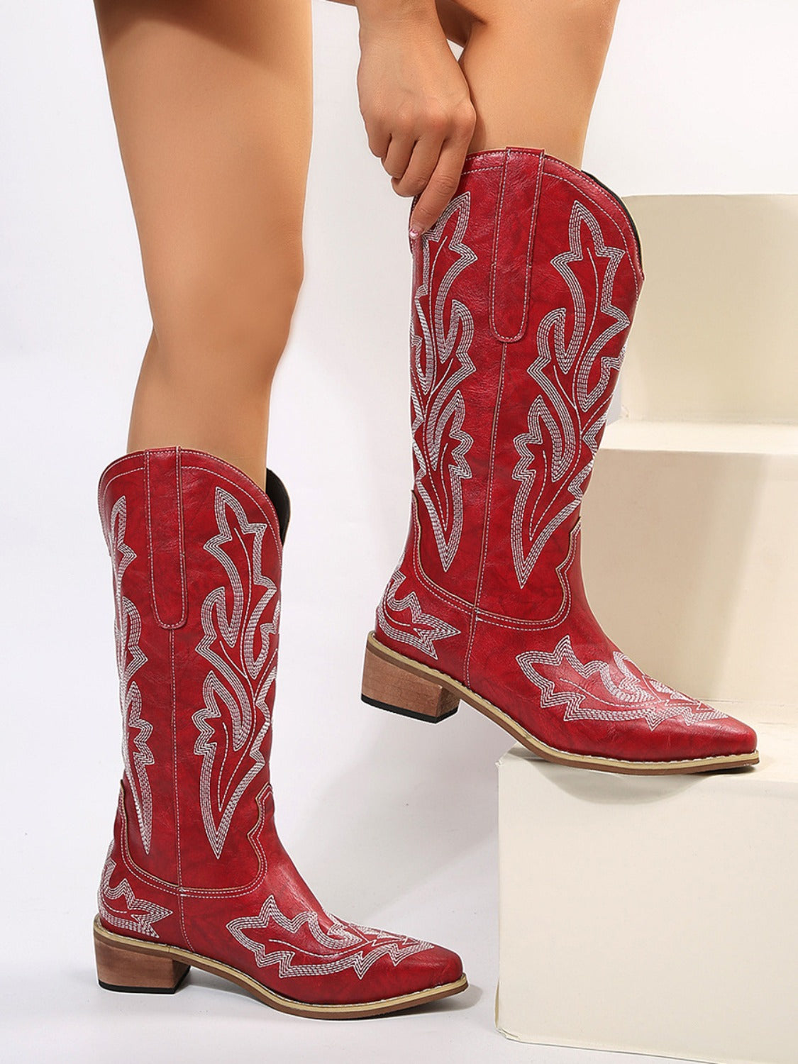 PU Leather Embroidered Geometric Point Toe Boots - Sydney So Sweet