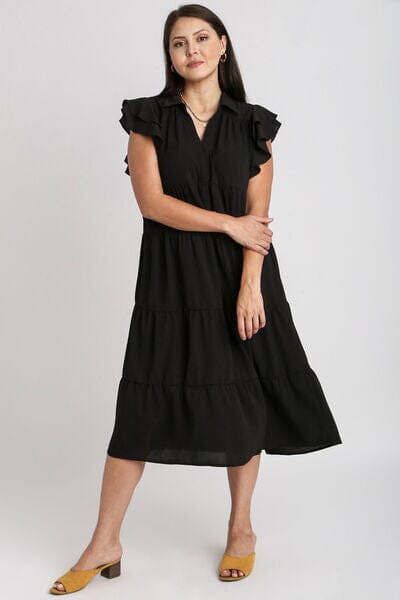 Umgee Full Size Johnny Collar Ruffle Cap Sleeve Tiered Dress Plus Size - Sydney So Sweet