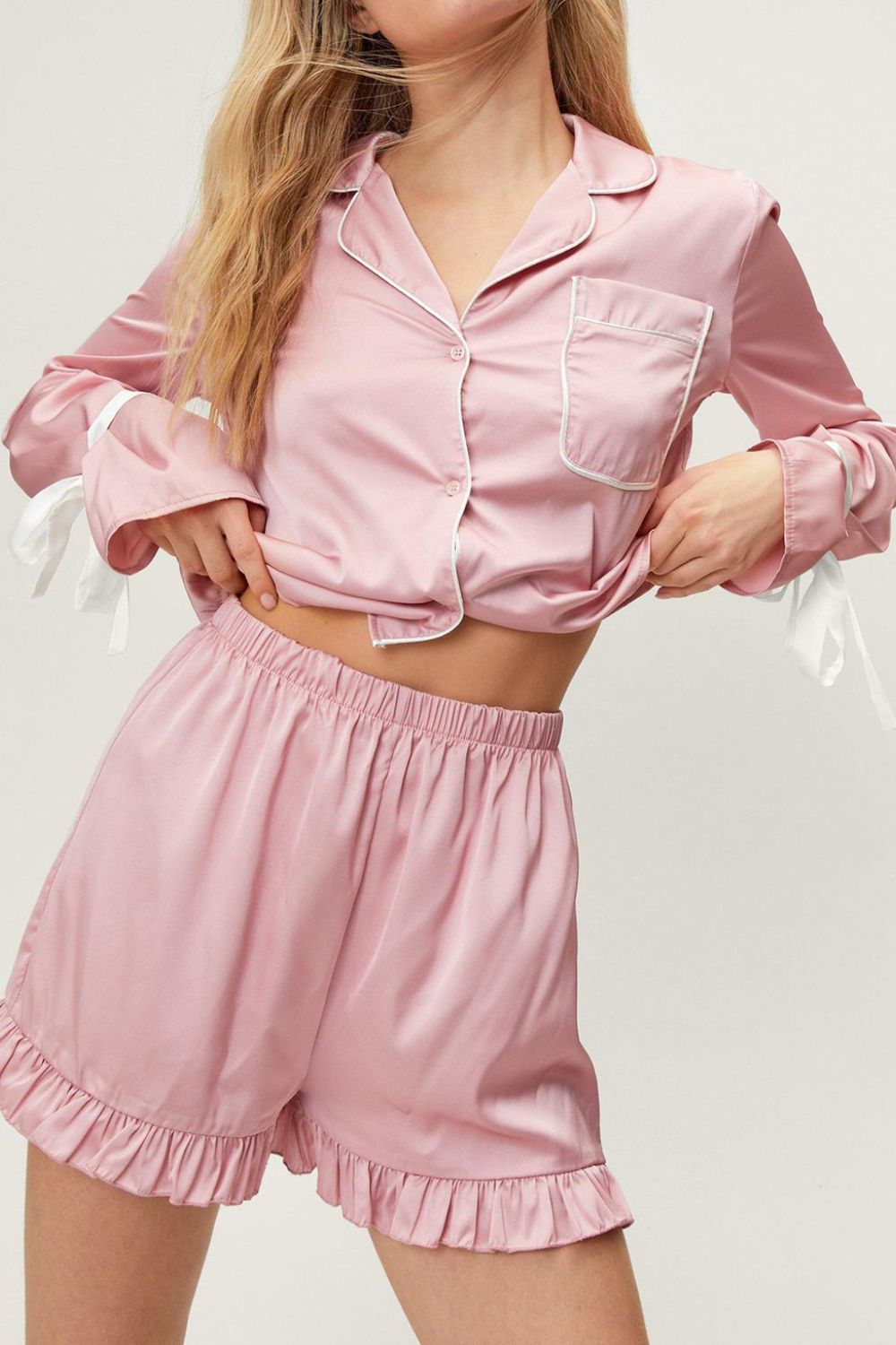 Basic Bae Tied Cuff Collared Neck Top and Frill Shorts Lounge Set - Sydney So Sweet