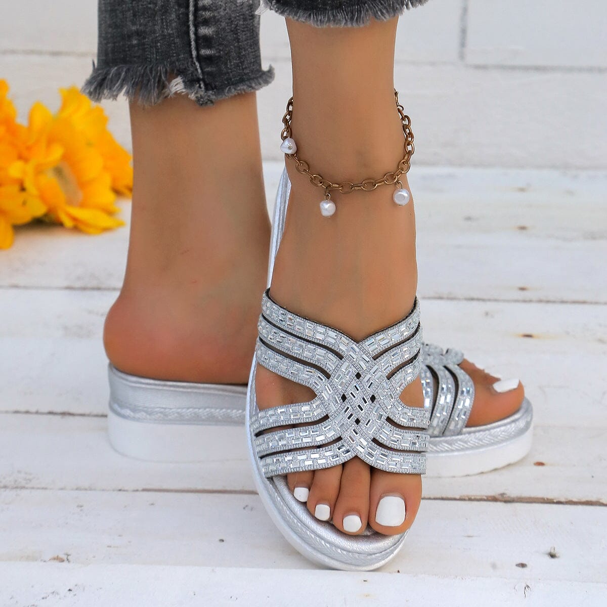 Rhinestone Open Toe Wedge Sandals - Sydney So Sweet