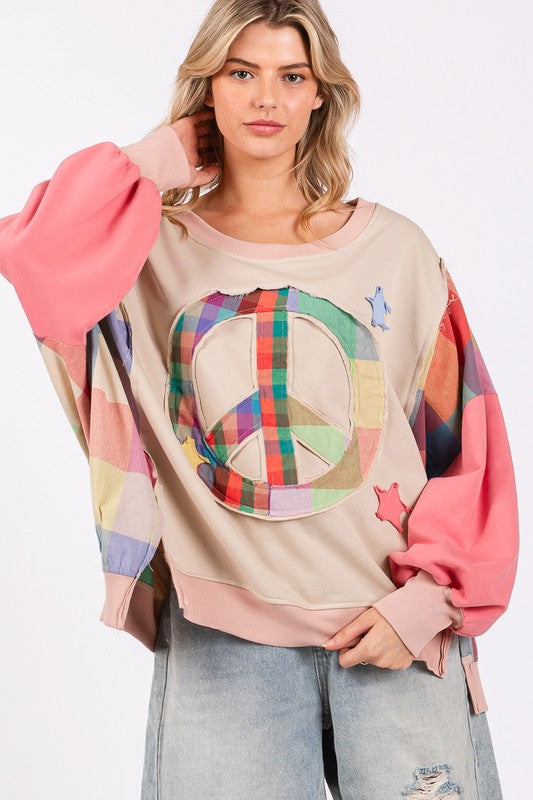 SAGE + FIG Full Size Contrast Peace Patch Dropped Shoulder Sweatshirt - Sydney So Sweet