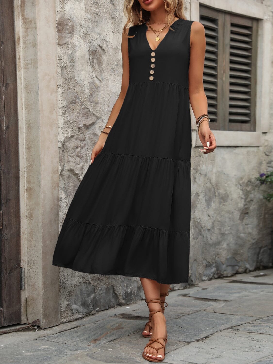 Decorative Button Notched Sleeveless Dress - Sydney So Sweet