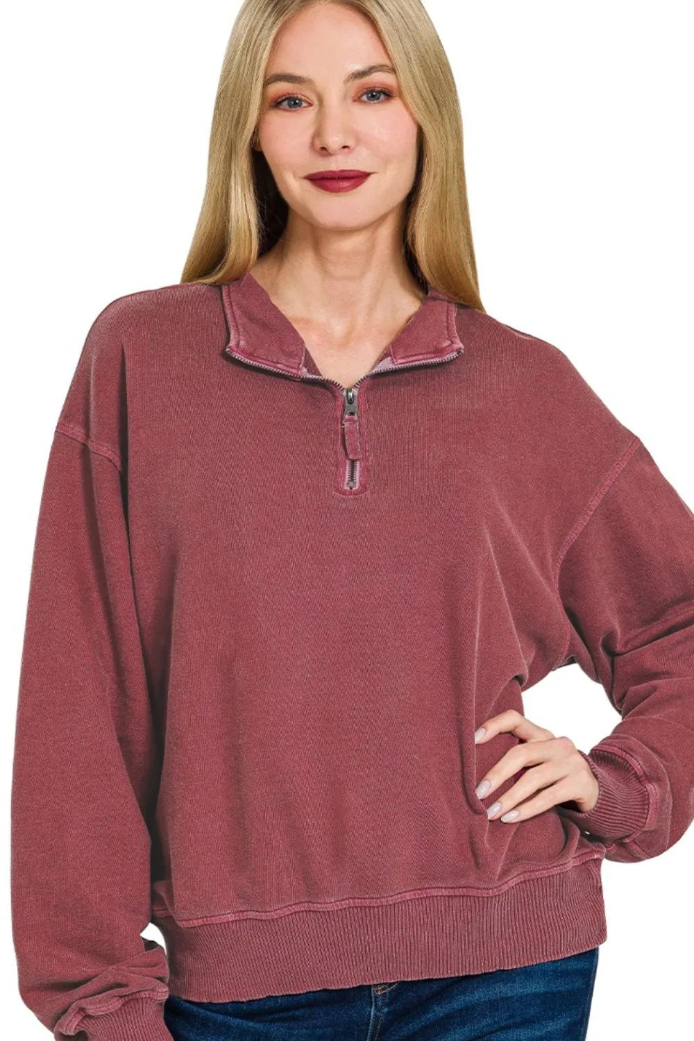 Zenana F/terry Pigment Dye & Enzyme Washing Half Zip Top - Sydney So Sweet