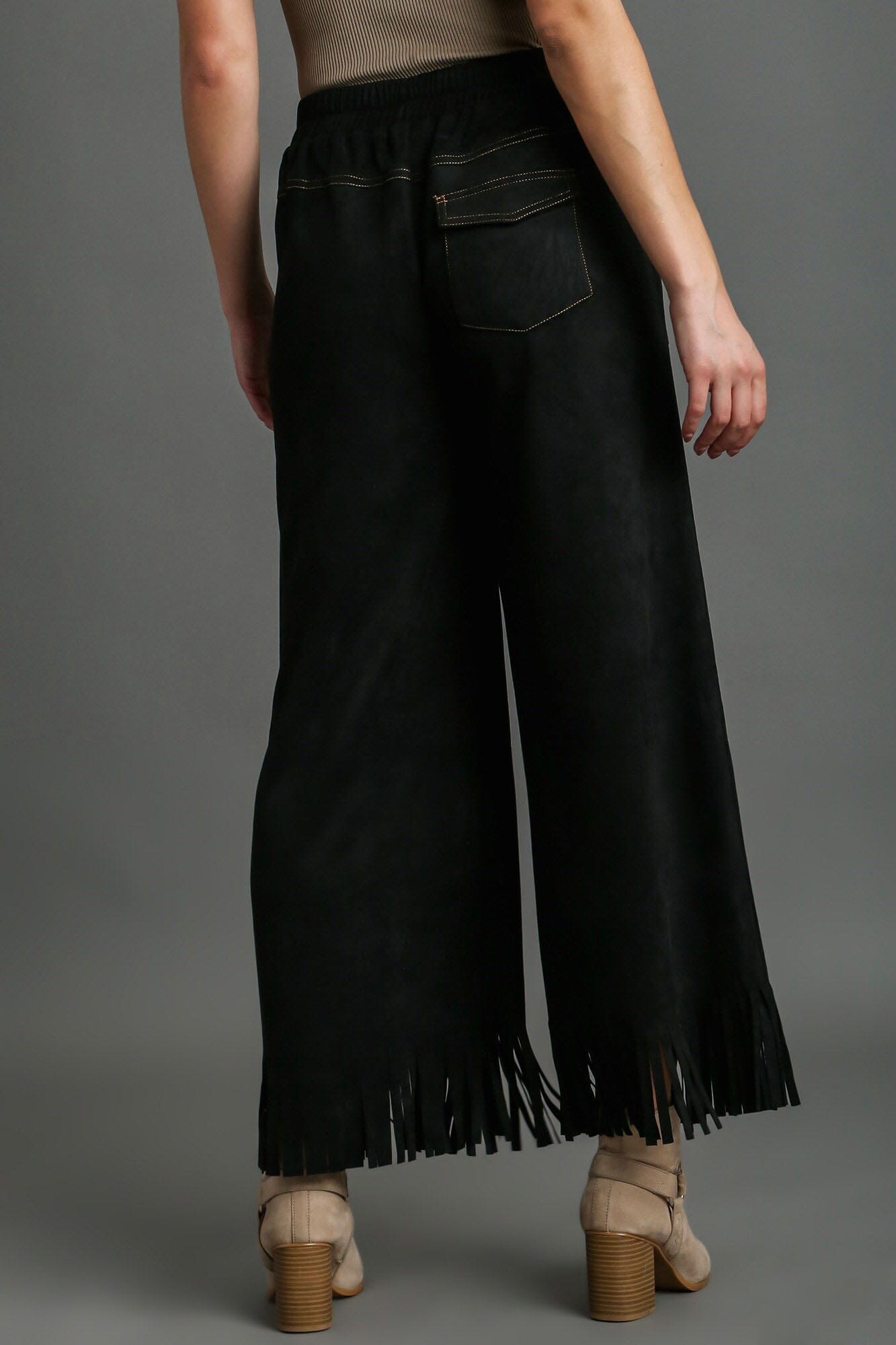 Umgee Full Size Suede Fringe Hem Wide Leg Pants Plus Size - Sydney So Sweet