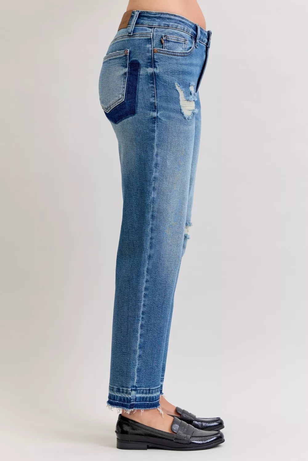 Judy Blue Full Size Mid Rise Bf Patch & Repair Destroy Release Hem Jeans Plus Size - Sydney So Sweet