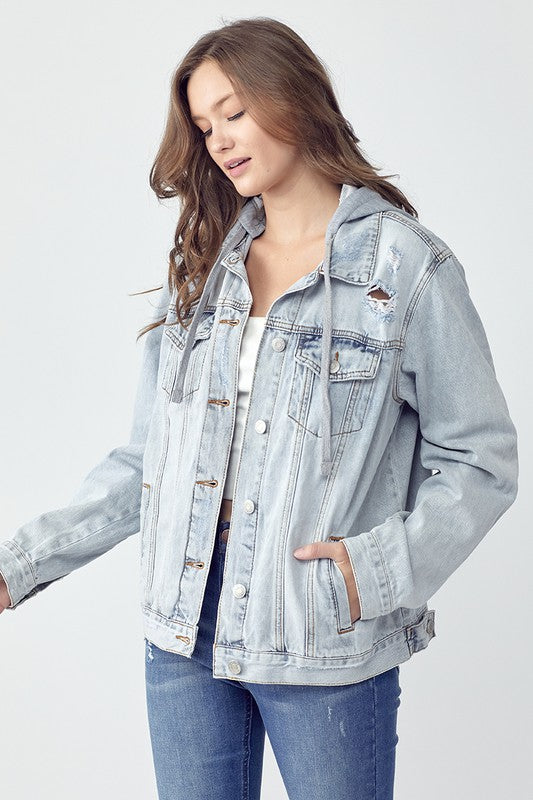 RISEN Full Size Distressed Drawstring Hooded Denim Jacket - Sydney So Sweet