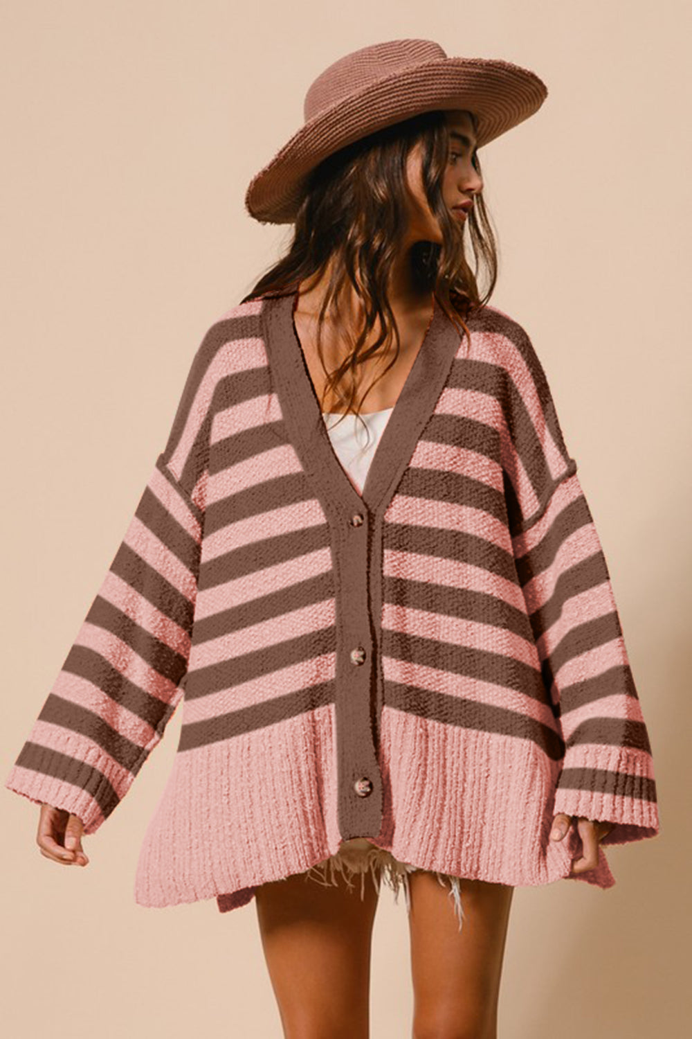 BiBi Slit Striped V-Neck Button Up Cardigan - Sydney So Sweet