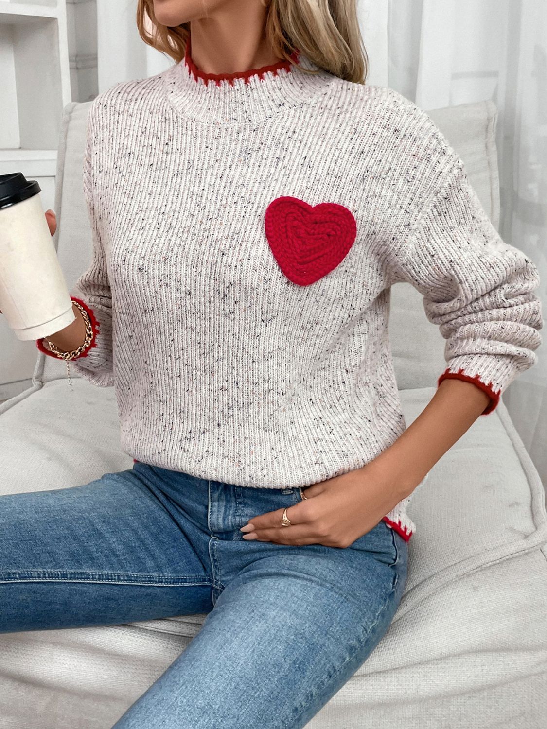 Perfee Contrast Heart Round Neck Long Sleeve Sweater - Sydney So Sweet