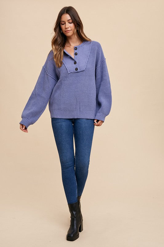 Annie Wear Half Button Ribbed Hem Sweater - Sydney So Sweet