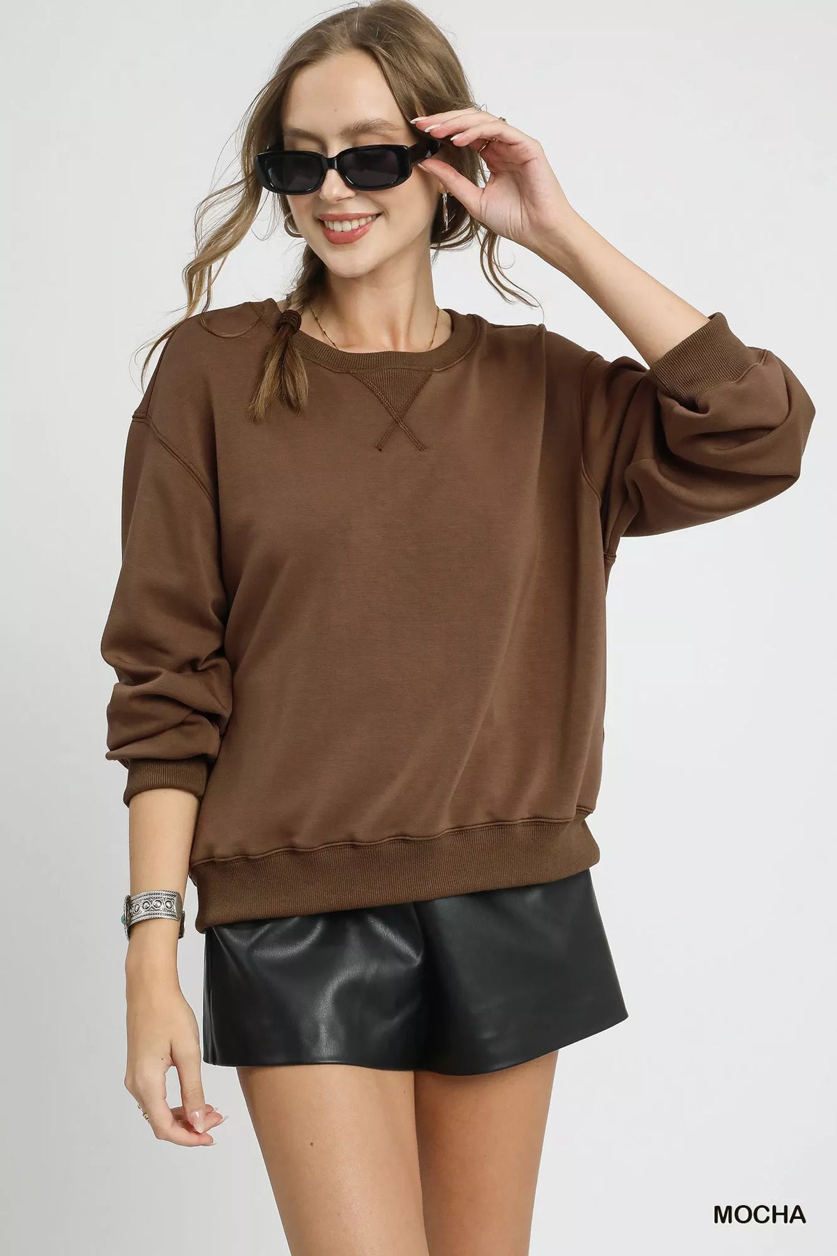 Umgee Round Neck Long Sleeve Fleece Sweatshirt - Sydney So Sweet