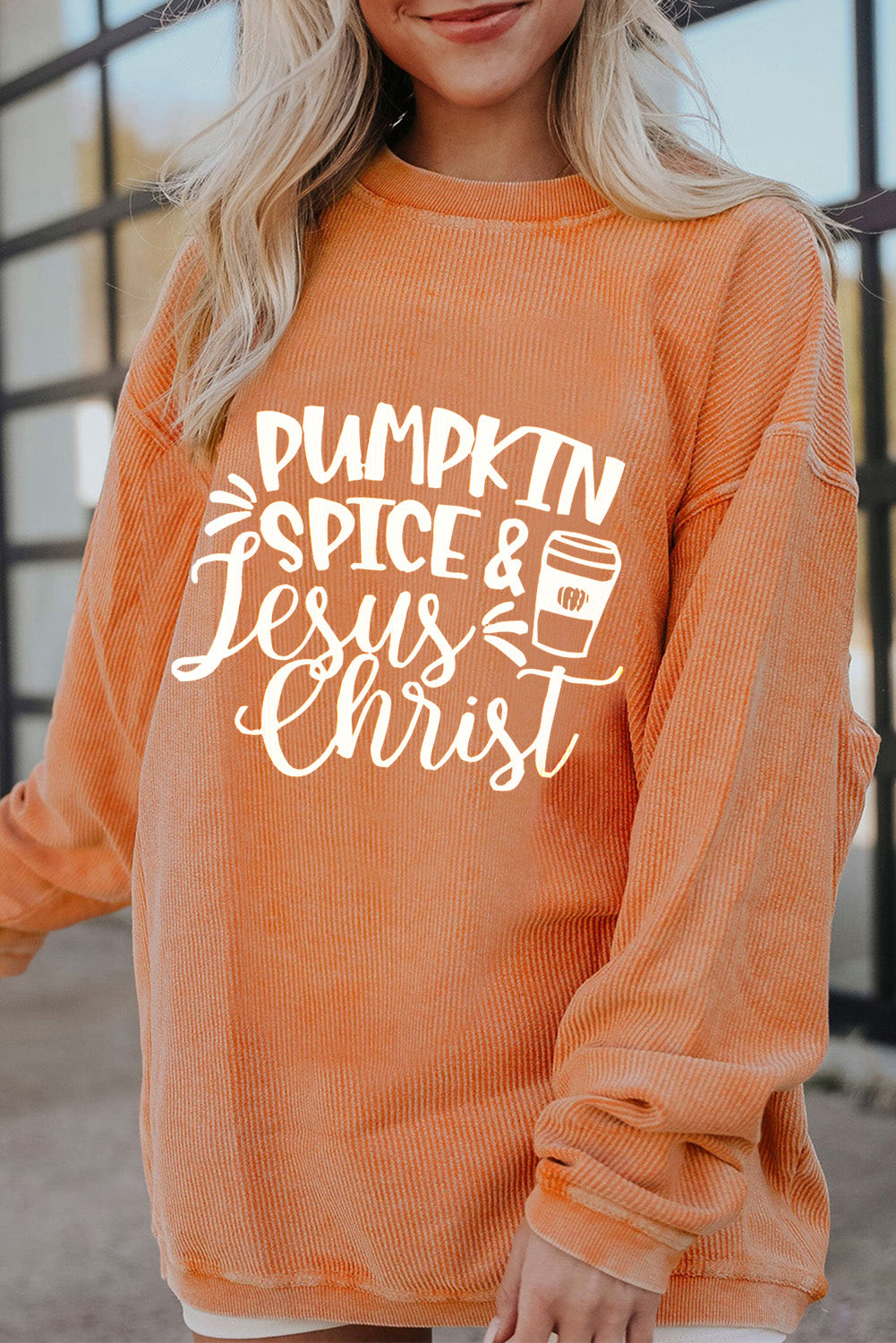 Pumpkin Spice &amp; Jesus Christ Women&#39;s Long Sleeve Oversize Sweatshirt - Sydney So Sweet