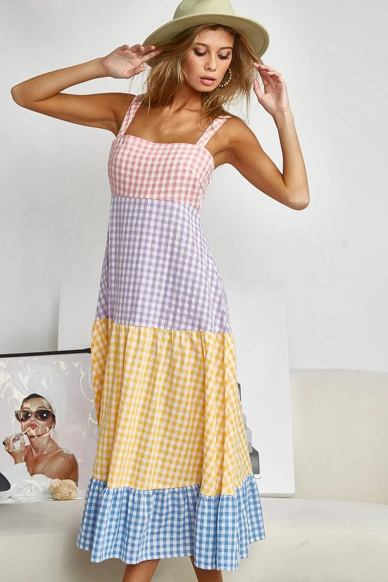 BiBi Color Block Tiered Gingham Dress - Sydney So Sweet
