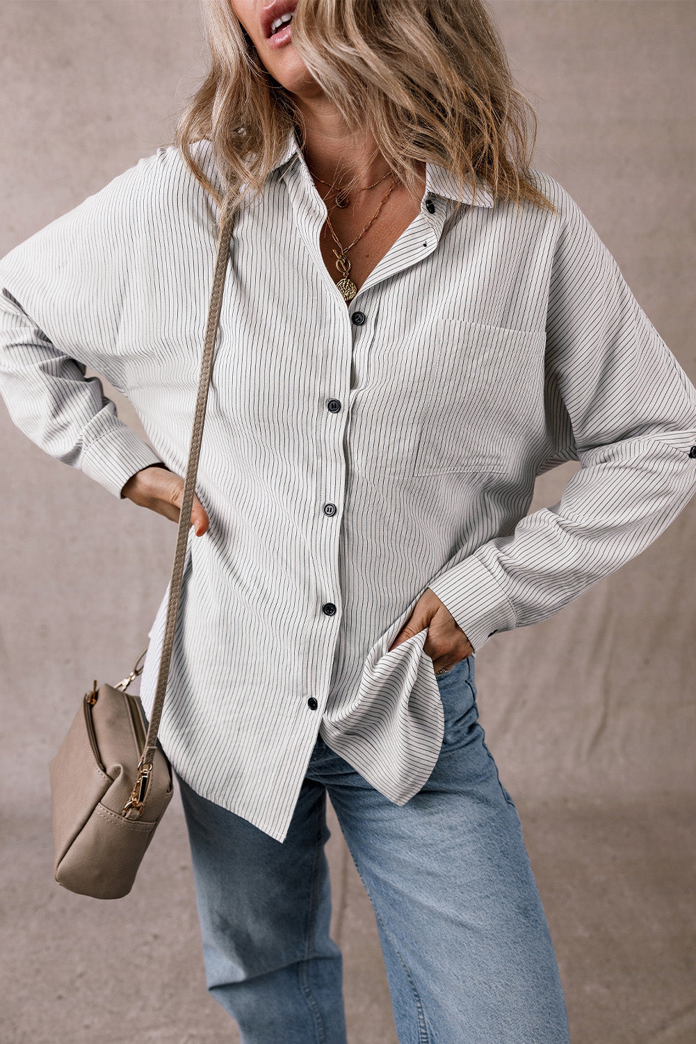 Pocketed Striped Collared Neck Long Sleeve Shirt - Sydney So Sweet