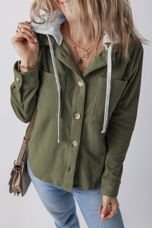 Drawstring Button Up Long Sleeve Hooded Jacket - Sydney So Sweet