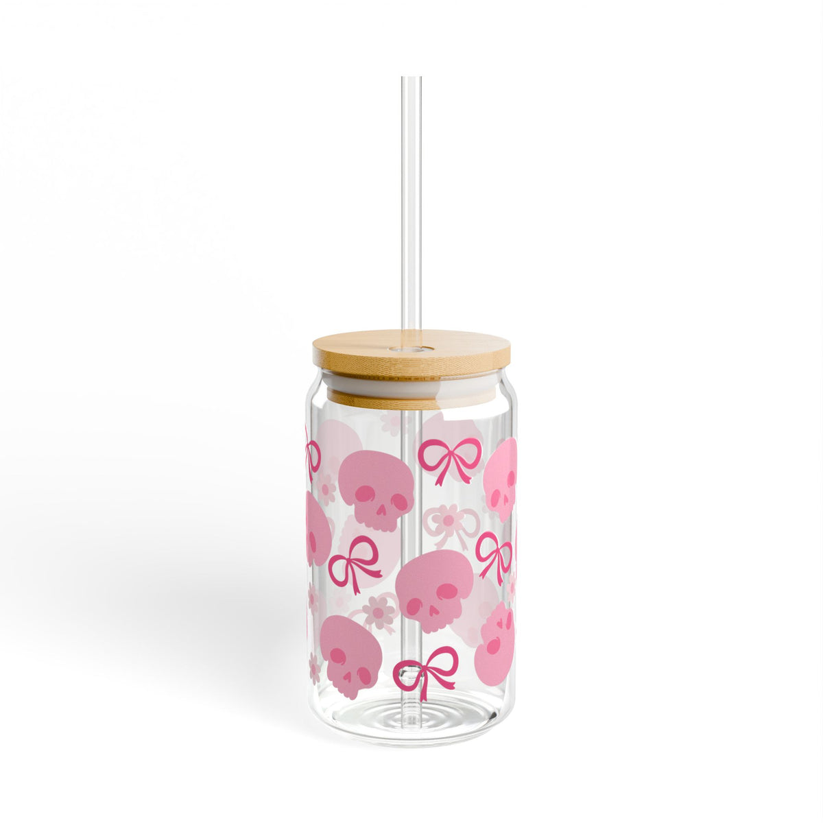 Girly Pink Skull Halloween Sipper Glass 16oz Reusable Drink Jar with Lid & Straw