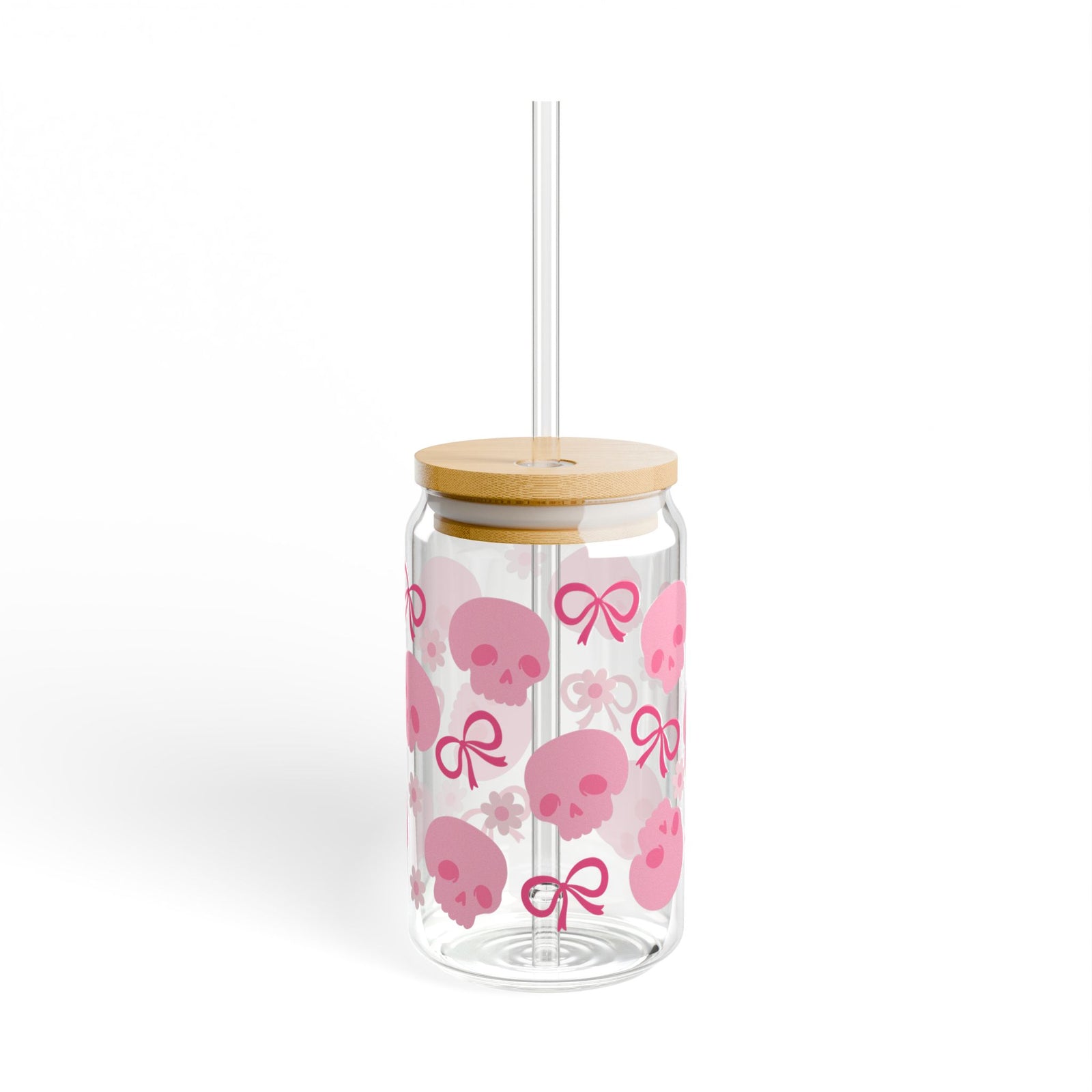 Girly Pink Skull Halloween Sipper Glass 16oz Reusable Drink Jar with Lid & Straw