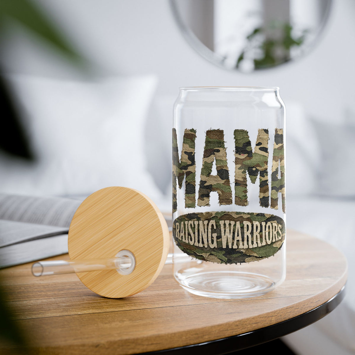 Mama Raising Warriors Camouflage Sipper Glass 16oz Reusable Drink Jar with Lid & Straw