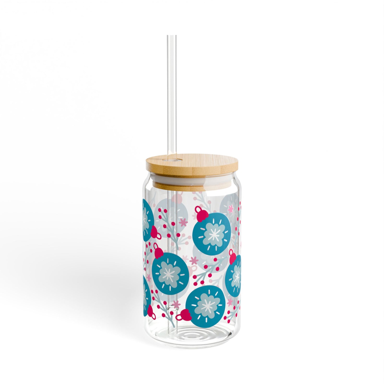Opulent Ornaments Christmas Sipper Glass 16oz Reusable Drink Jar with Lid & Straw