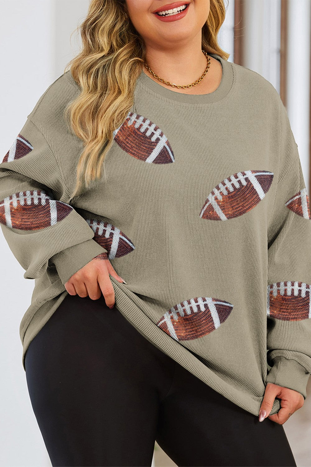 Plus Size Sequin Football Dropped Shoulder Sweatshirt - Sydney So Sweet