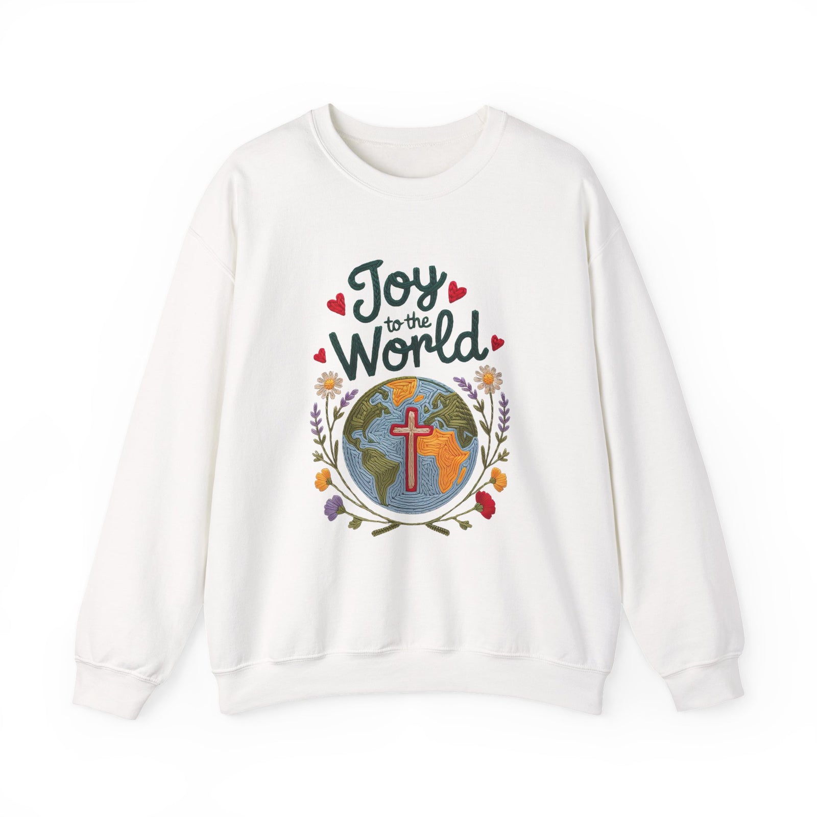 Joy to the World Faux Embroidery Christmas World & Cross Crewneck Unisex Sweatshirt