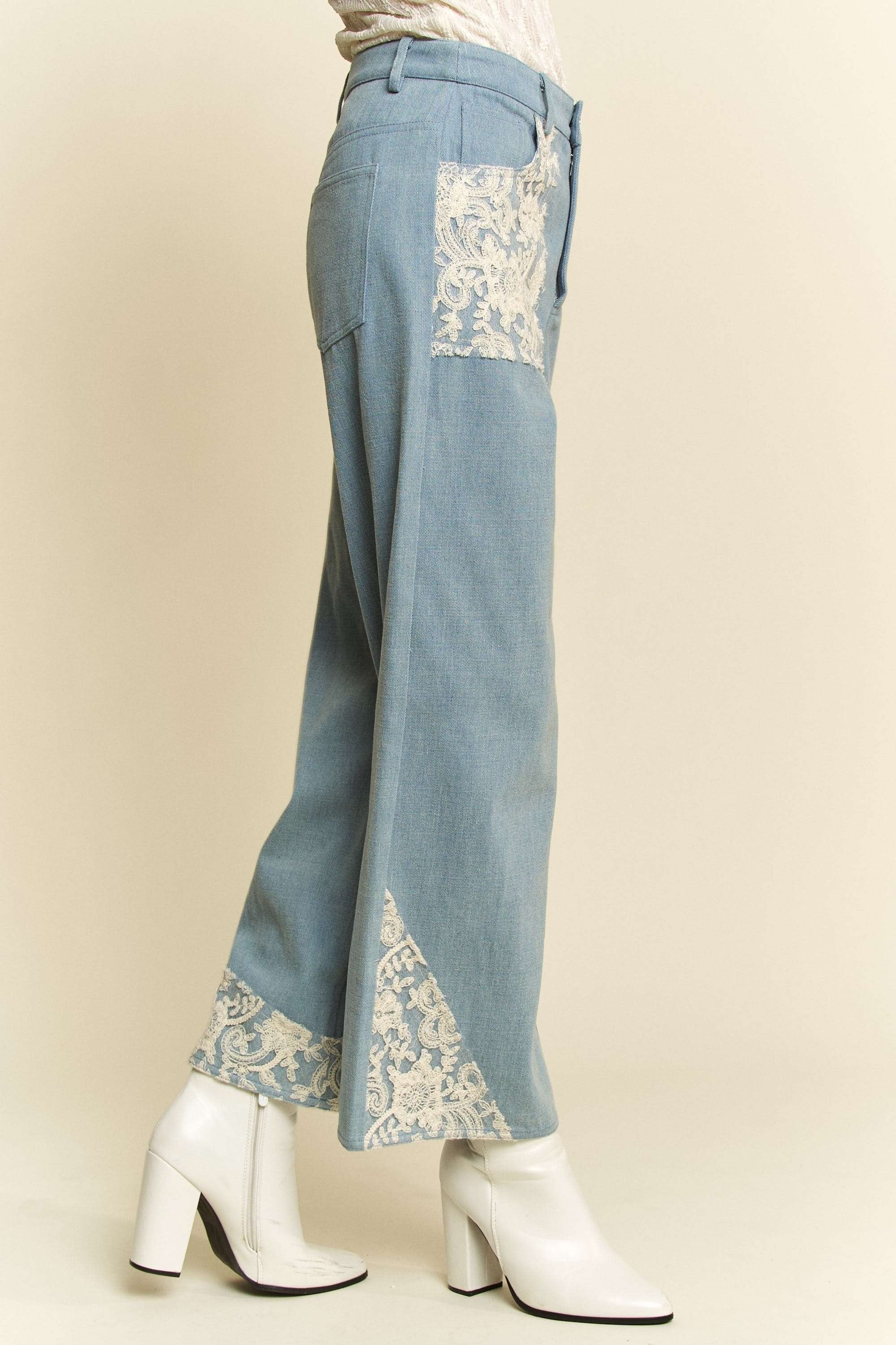 Davi & Dani Lace Applique Wide Leg Jeans - Sydney So Sweet