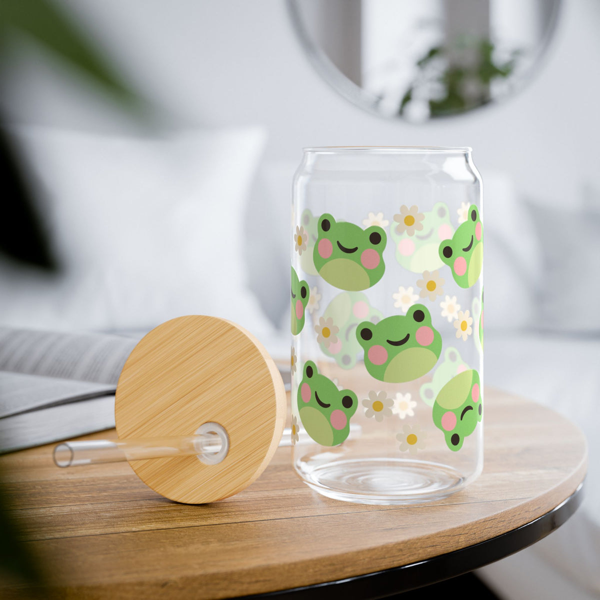 Kawaii Frog Daisy Tumbler Sipper Glass 16oz — Reusable Drink Jar with Lid & Straw - Sydney So Sweet