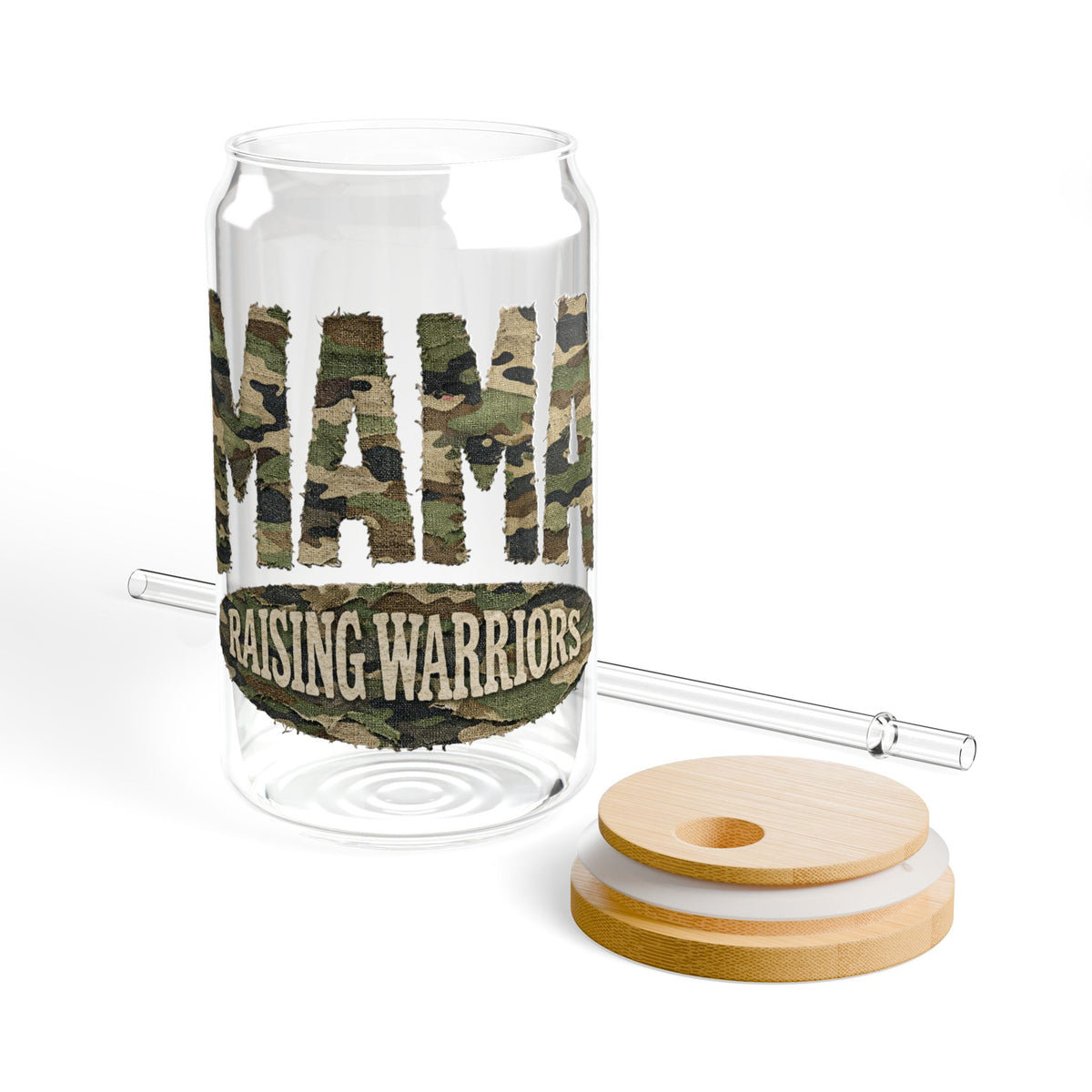 Mama Raising Warriors Camouflage Sipper Glass 16oz Reusable Drink Jar with Lid & Straw