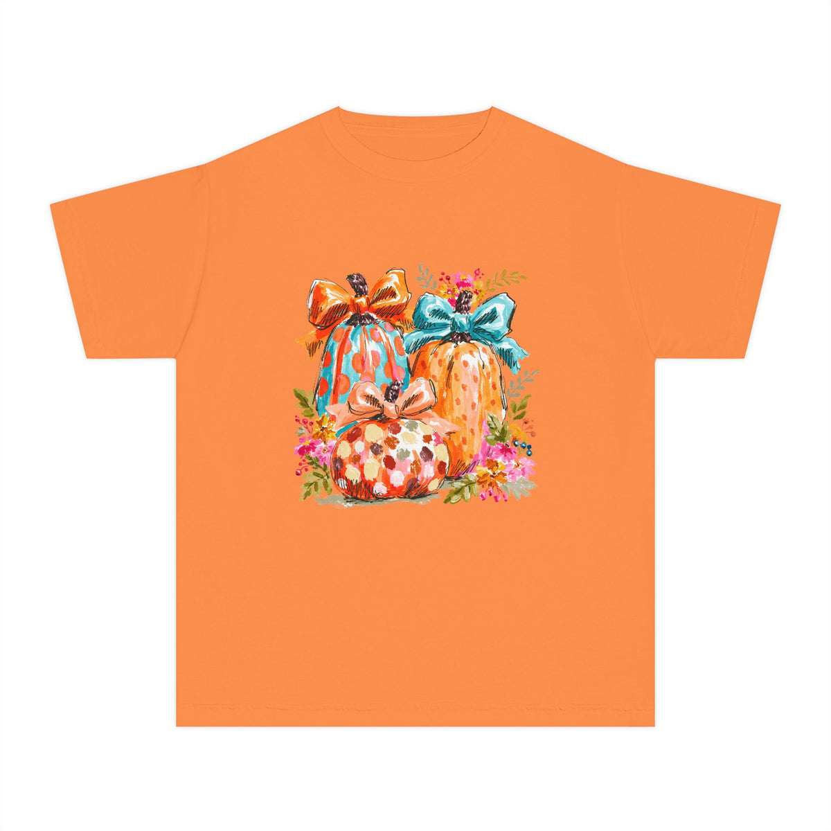 Floral Preppy Coquette Fall Pumpkin T-Shirt Cute Watercolor Kids Graphic Tee