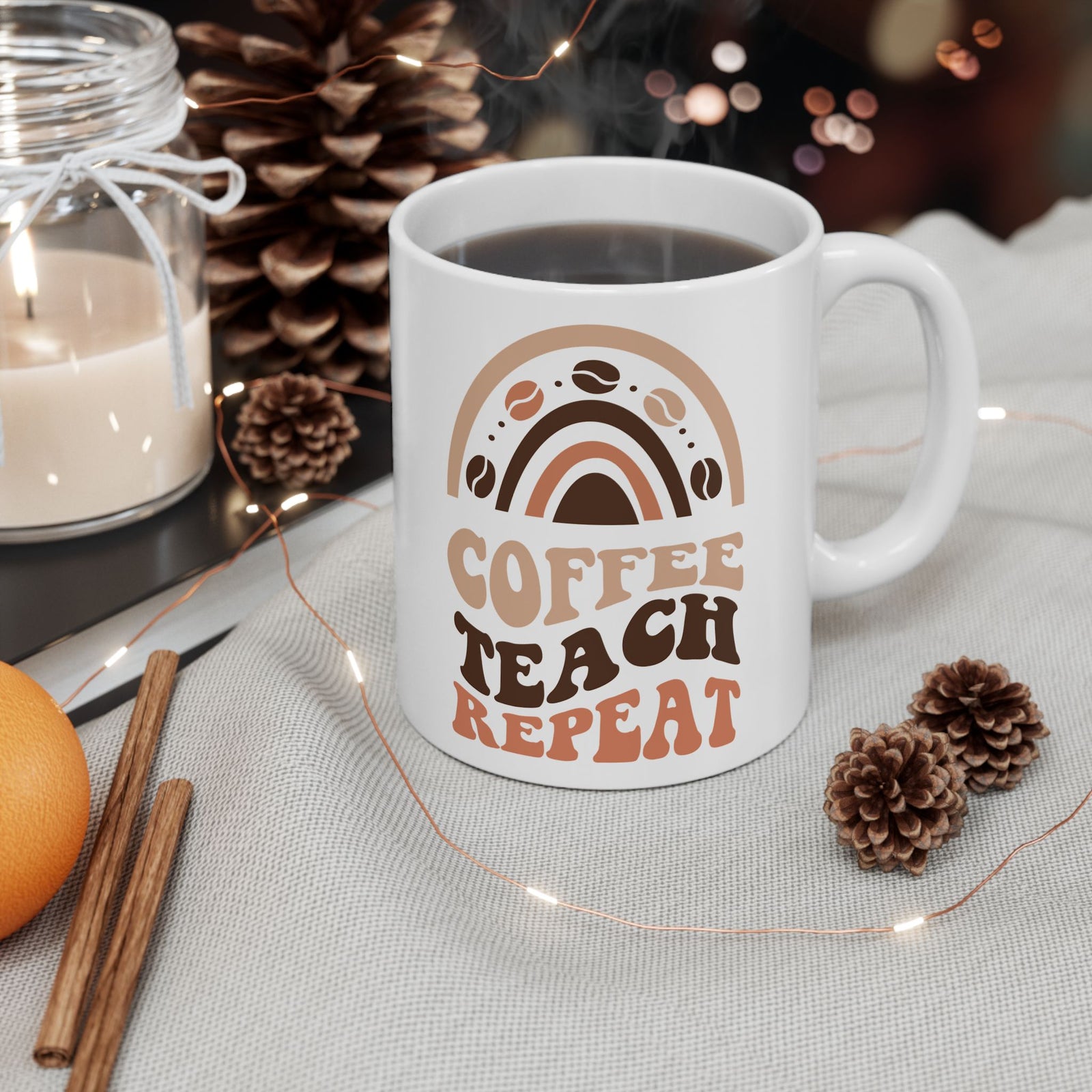 Coffee Teach Repeat Cute Teacher Ceramic Mug Coffee Cup (11oz & 15oz)