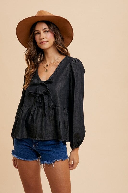 Annie Wear Tie Front Peplum Long Sleeve Denim Top - Sydney So Sweet