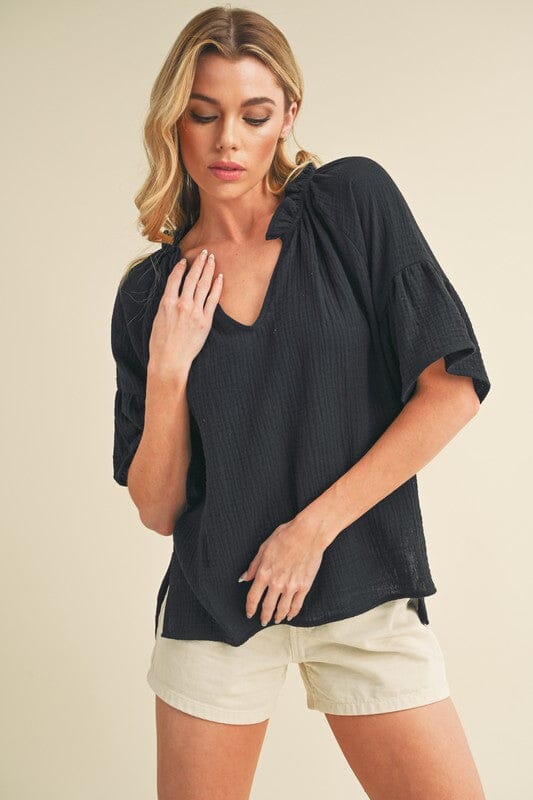 Aemi + Co Side Slit Notched Ruffled Half Sleeve Blouse - Sydney So Sweet