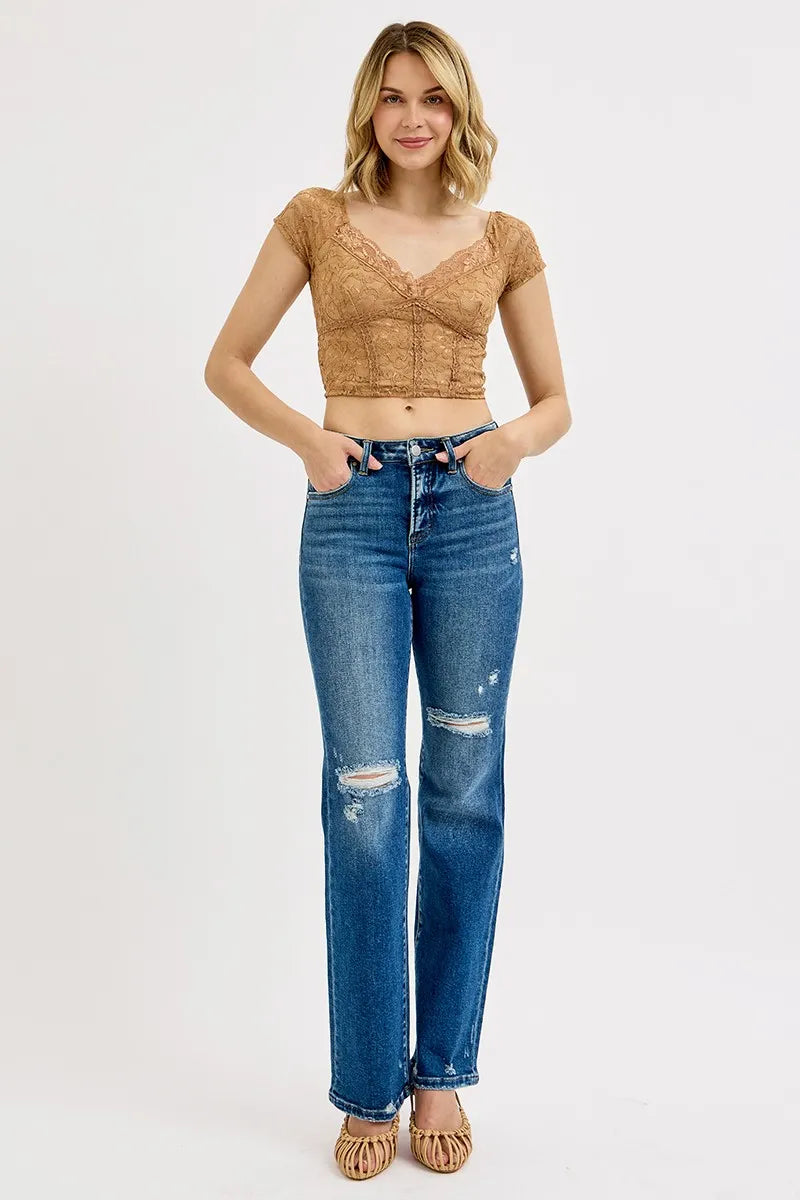 RISEN Full Size Tummy Control High Rise Straight Distressed Jeans Plus Size - Sydney So Sweet