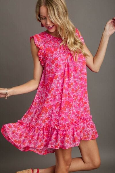 Umgee Full Size Smocked Detail Floral Metallic Ruffle Cap Sleeve Dress Plus Size - Sydney So Sweet