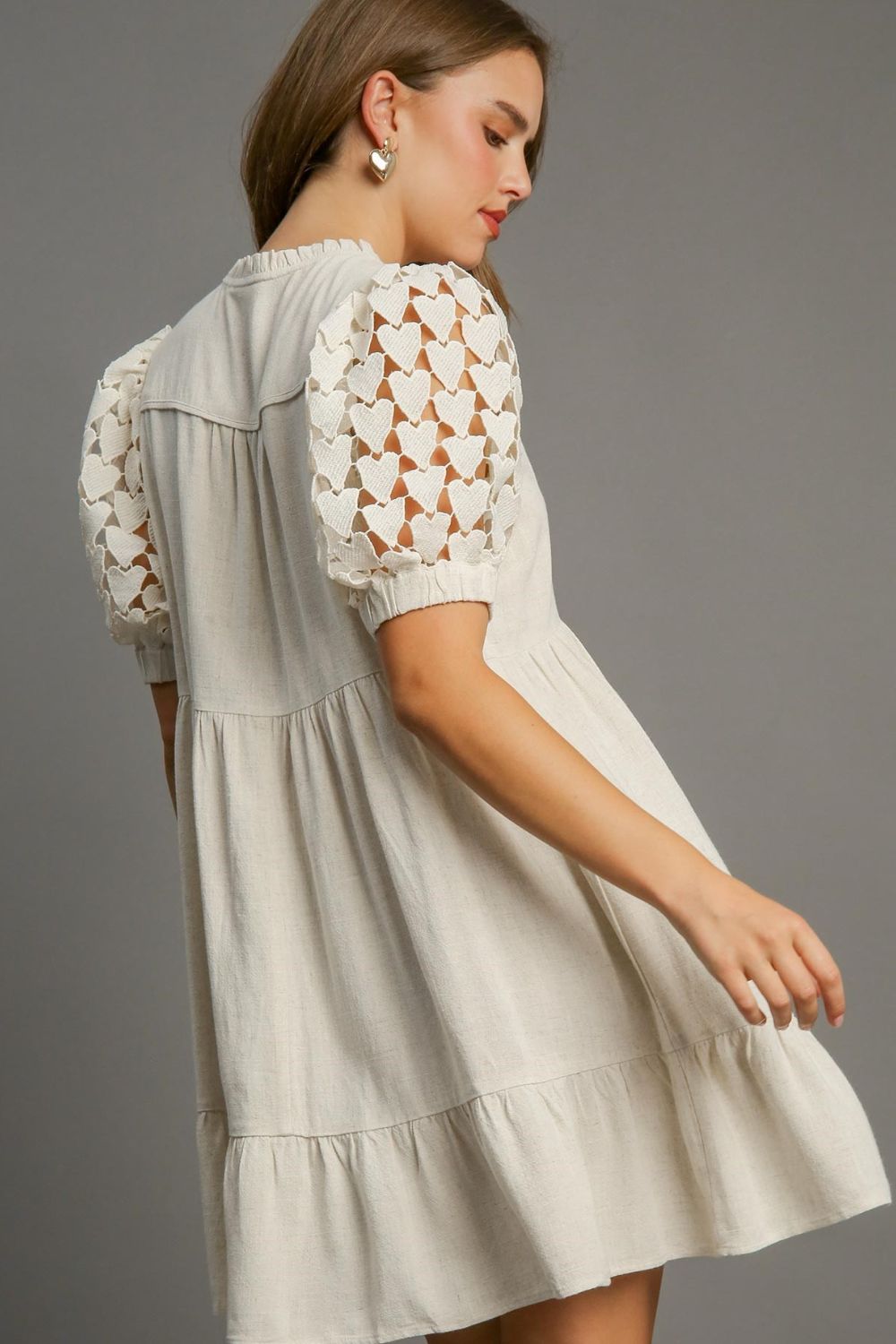 Umgee Full Size Ruffled Hem Heart Lace Sleeve Tie Neck Dress Plus Size - Sydney So Sweet