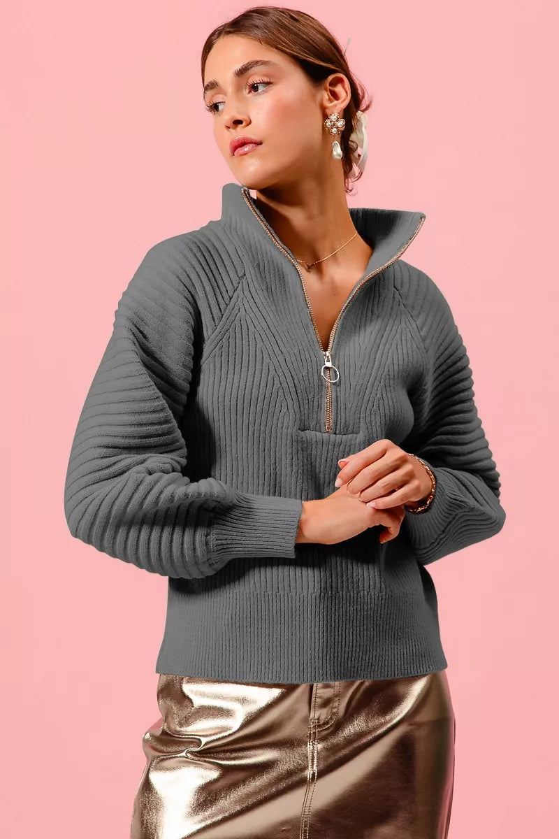 SO ME Half Zip Raglan Balloon Sleeves Ribbed Sweater - Sydney So Sweet