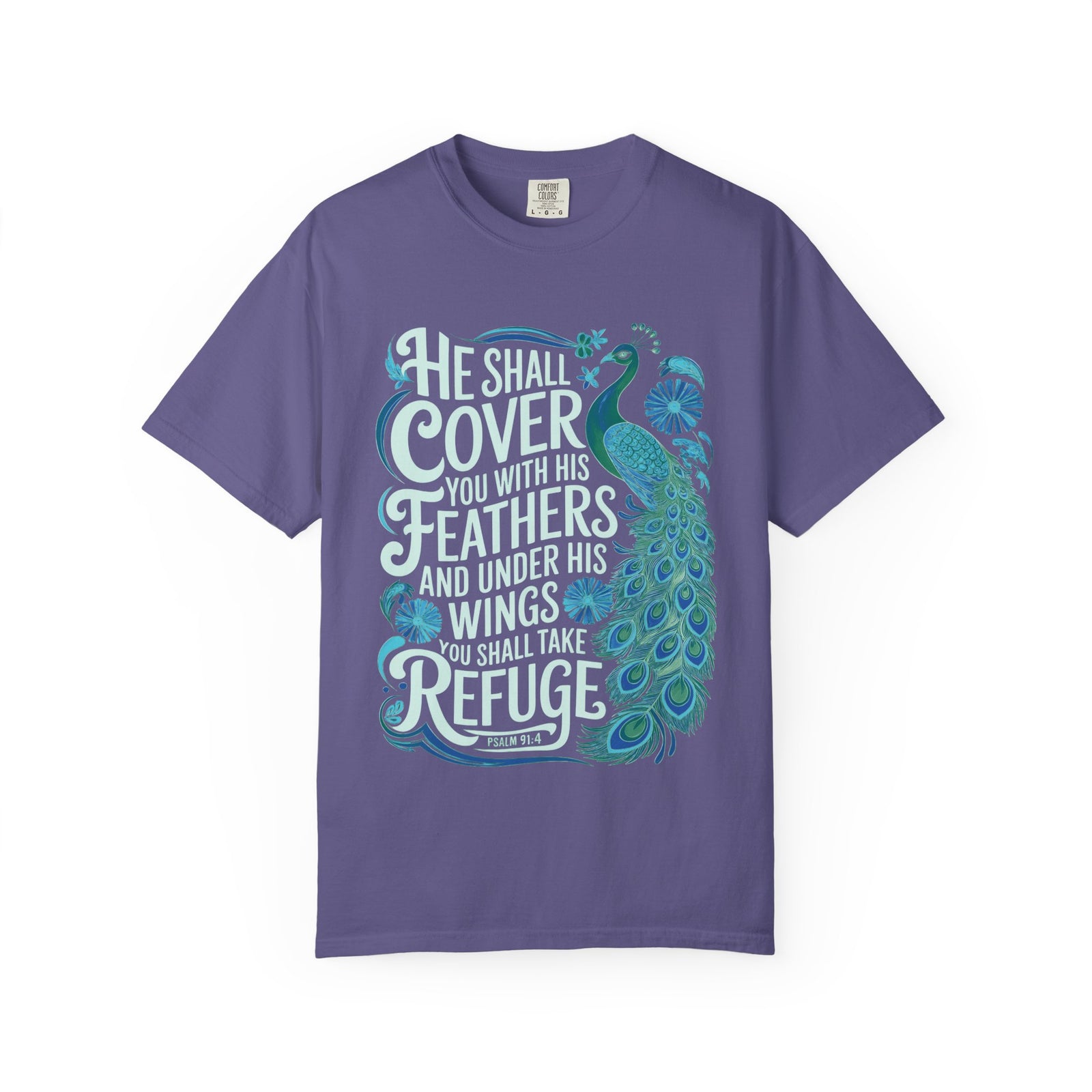 He Shall Cover Feathers T-Shirt Christian Scripture Peacock Refuge Tee