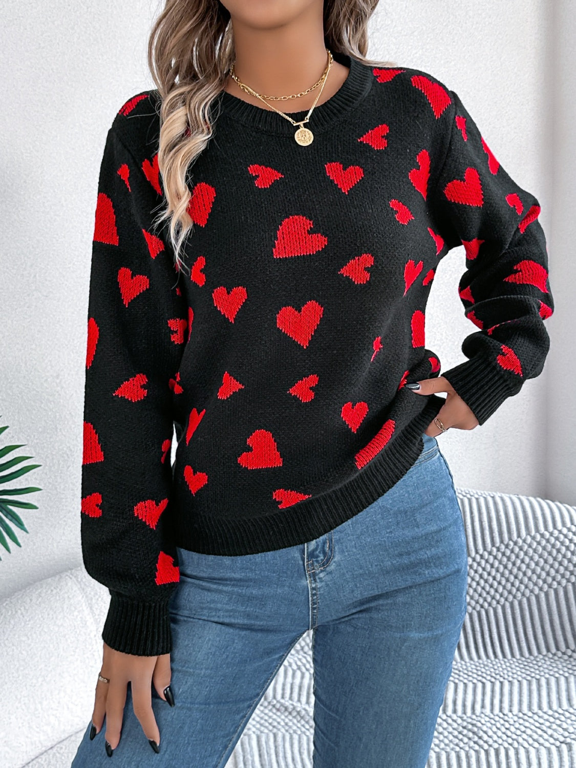 Heart Round Neck Long Sleeve Sweater - Sydney So Sweet