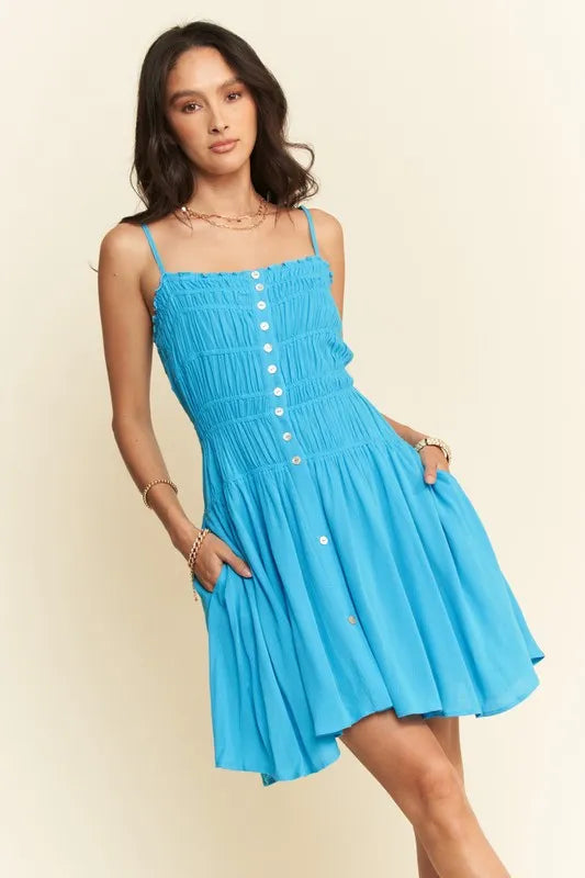 Davi & Dani Smocking Bodice Sleeveless Button Down Mini Dress - Sydney So Sweet