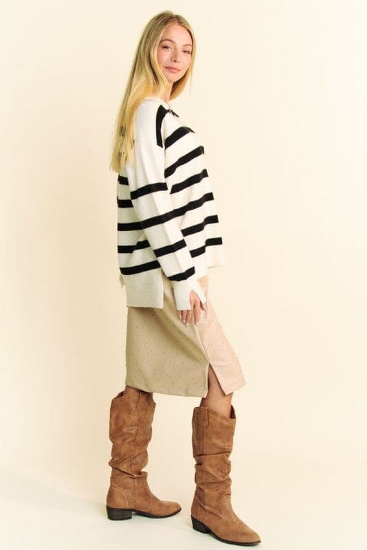 Davi & Dani High-Low Side Slit Striped Johnny Collar Sweater - Sydney So Sweet